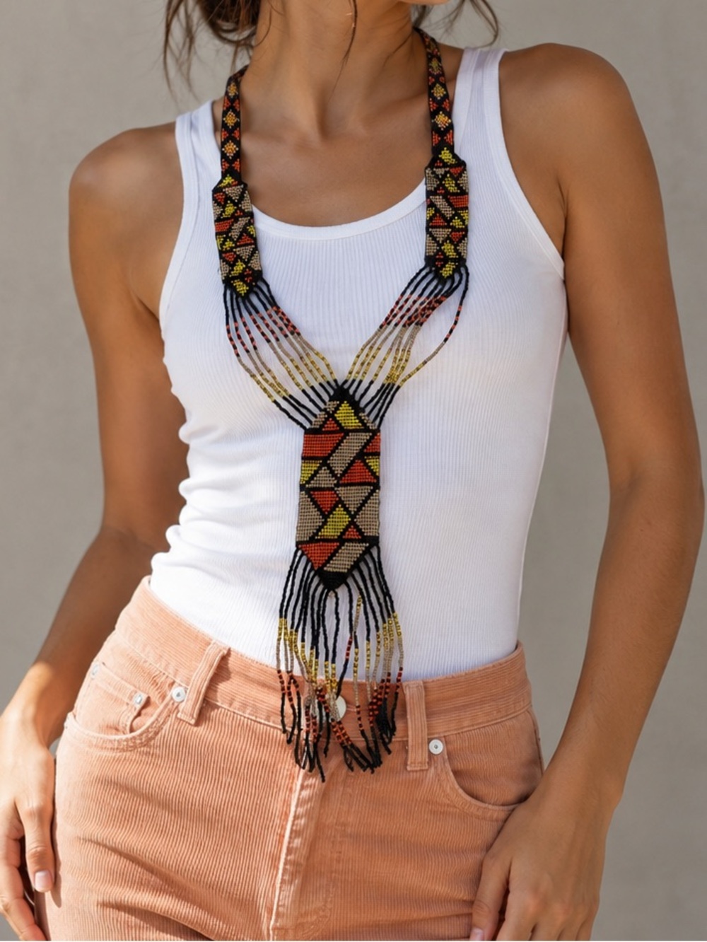 Mayan Tribal Beaded Statement Necklace Geometric Fringe Boho Artisan Ethnic